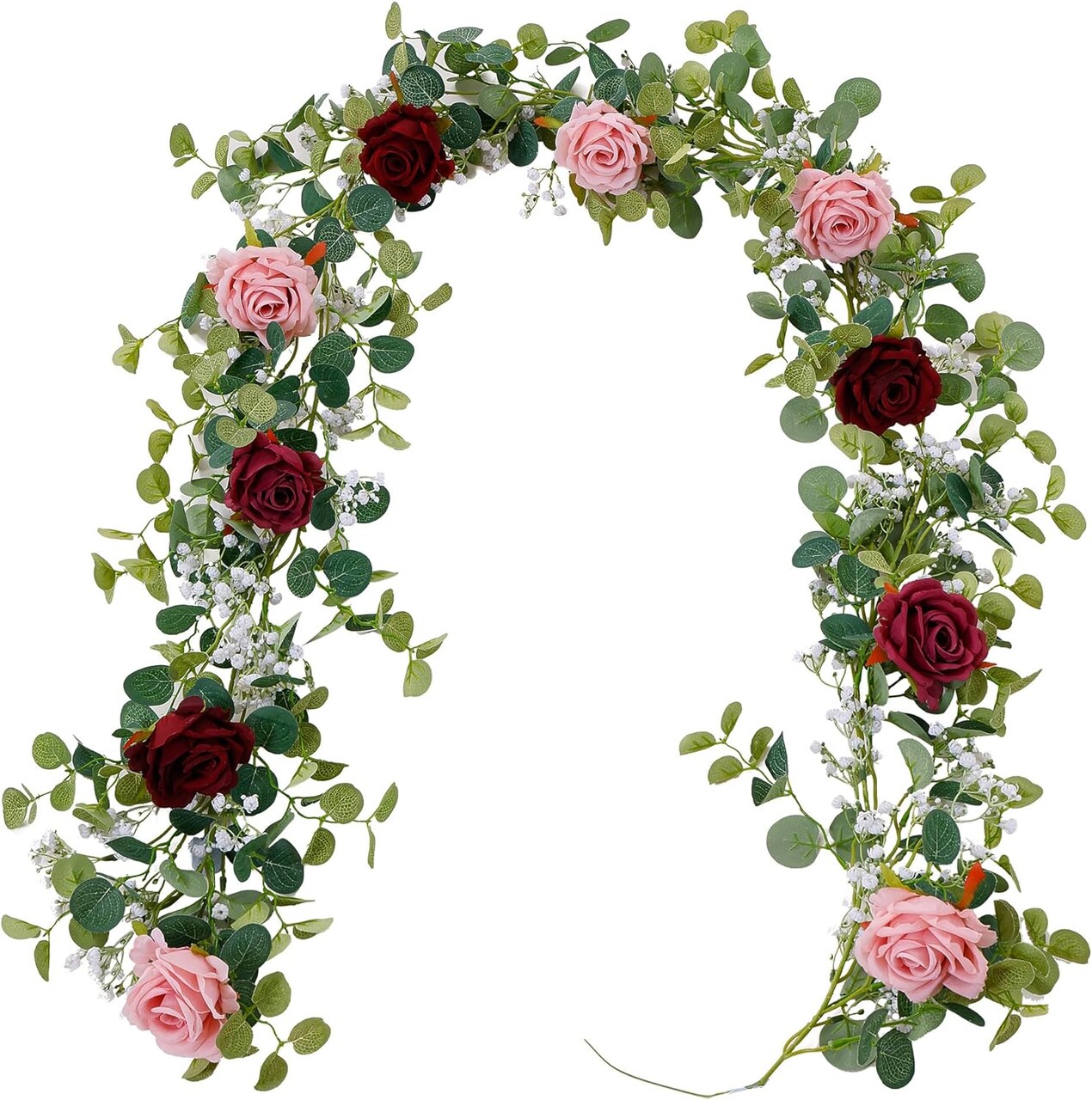 5.91 ft Artificial Eucalyptus Garland with Pink Roses & Gypsophila – Faux Floral Greenery for Wedding, Spring Party, Table Runner & Home Décor